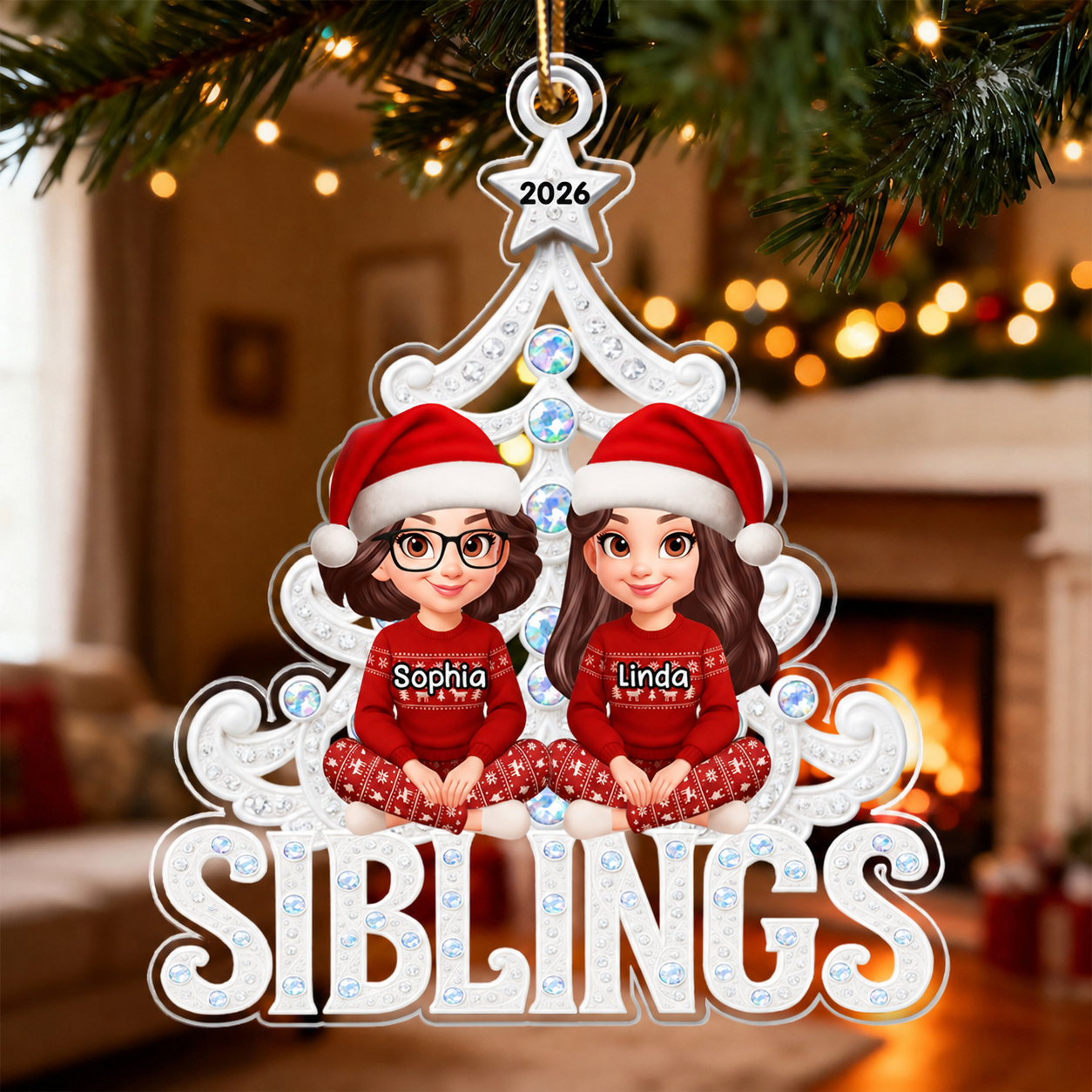 Siblings Forever Metallic Crystal Effect - Personalized Acrylic Ornament - Christmas Gift for Siblings