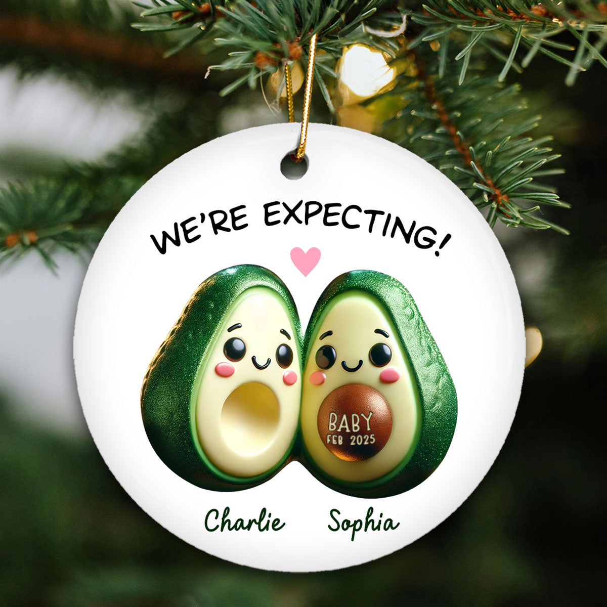 Avocado Couple Expecting Parents Pregnancy Announcement 3D Effect Keepsake Personalized Ceramic Flat Ornament