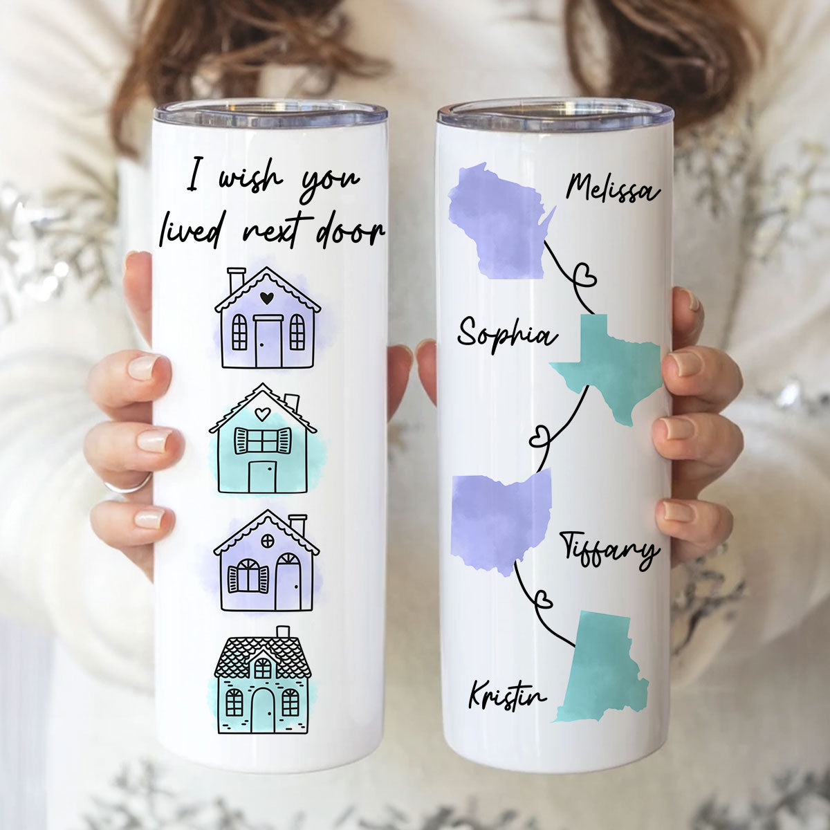 Family Besties Sisters Long Distance Watercolor State Map Personalized Skinny Tumbler