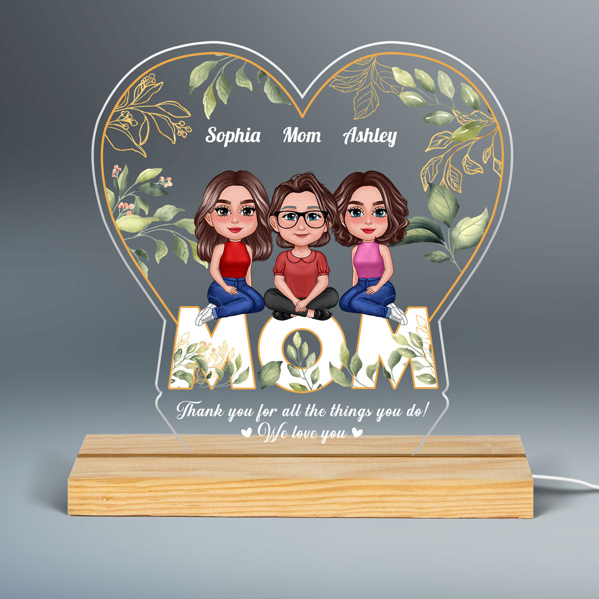 Watercolor Mother Daughter Floral Leaves Personalized Custom Shaped Acrylic Plaque With LED Night Light