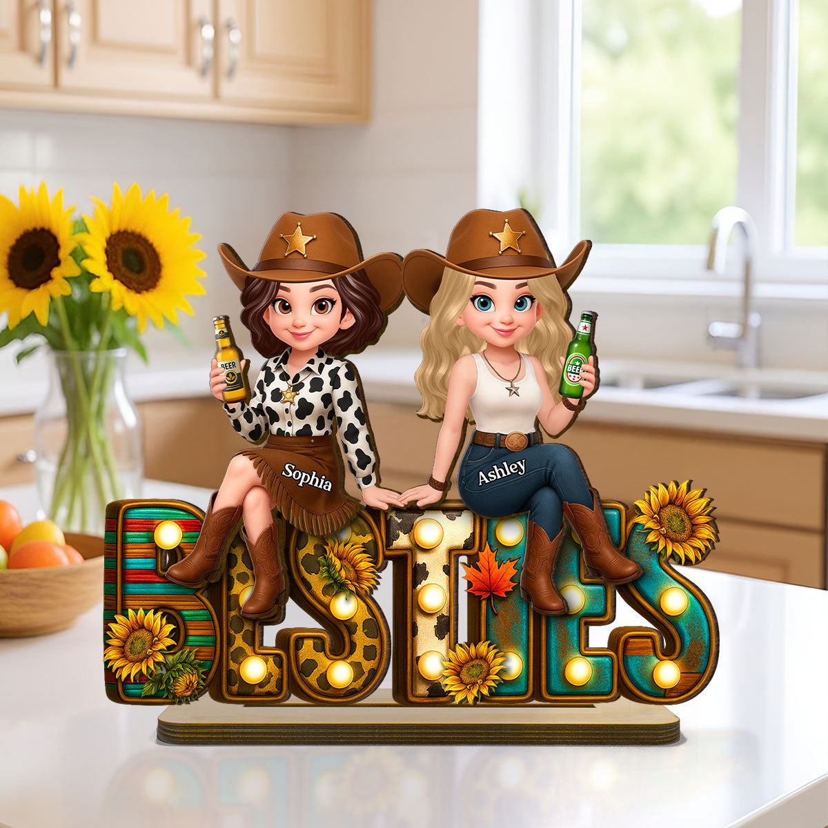 Leopard Marquee Western Besties Personalized Wooden Plaque - Fall Gift for Best Friends