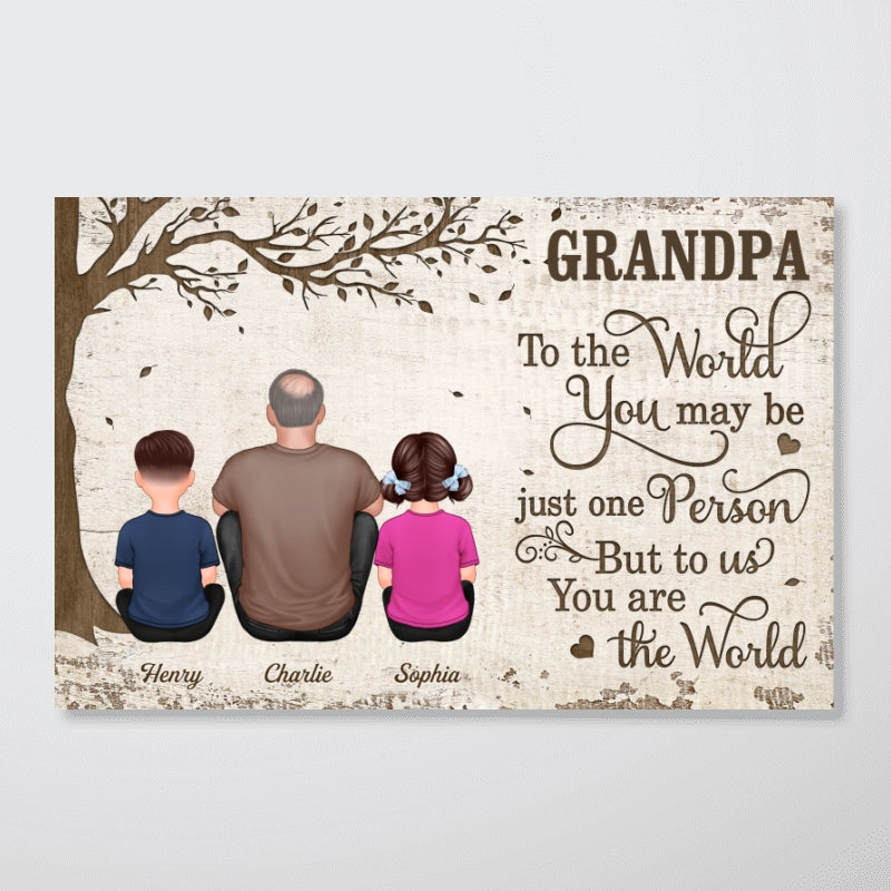 Grandpa And Kids Dogs Cats Sitting Under Tree Personalized Poster, Gift For Grandpa