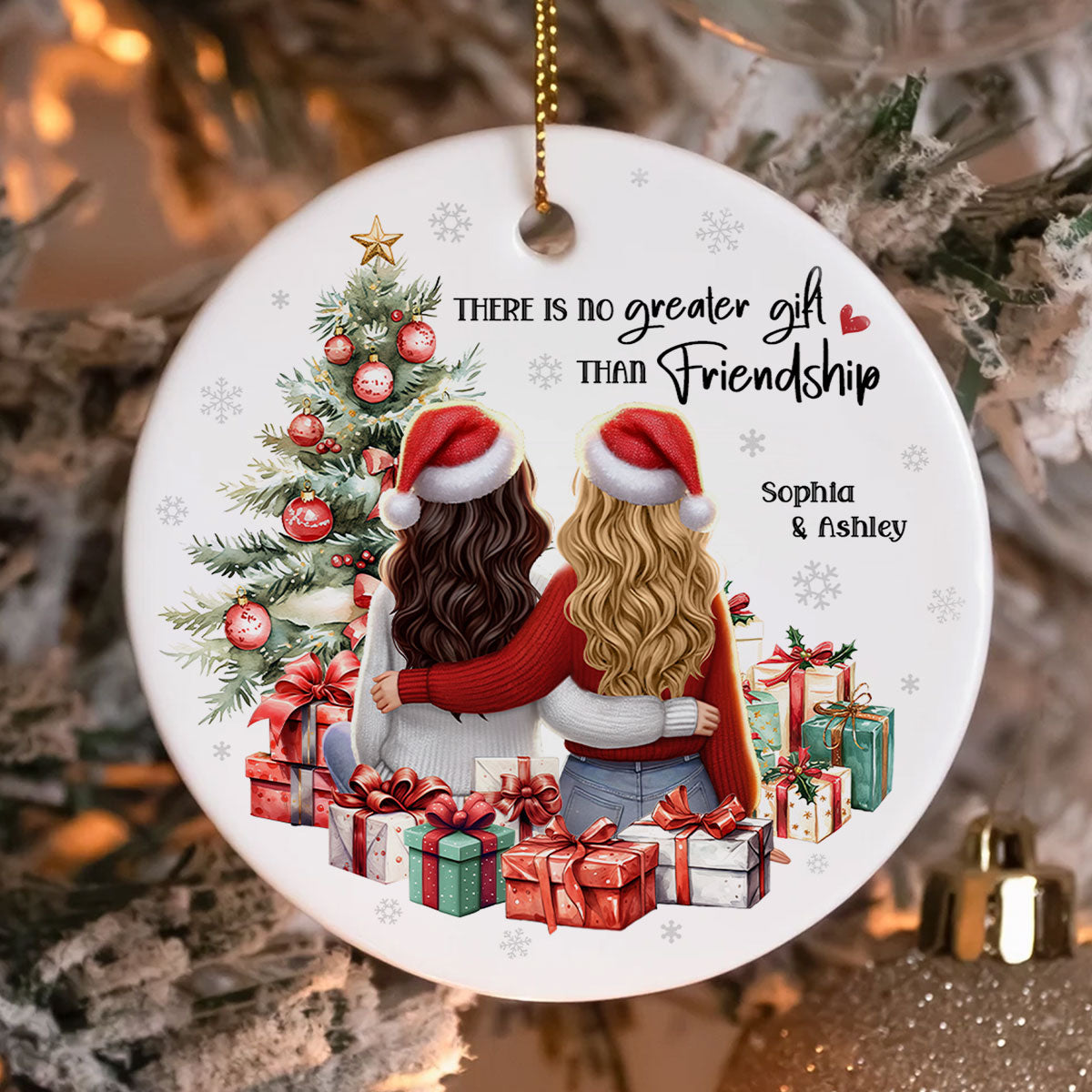 Personalized Christmas Ornament – Besties Sisters by the Tree with Festive Gifts and Holiday Cheer