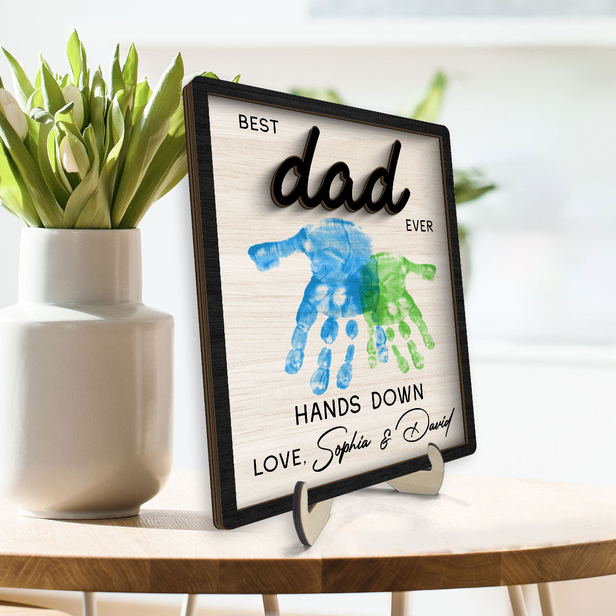 Best Dad Grandpa Ever Hands Down Handprint Handmade Fathers Day Gift Personalized 2-Layer Wooden Plaque