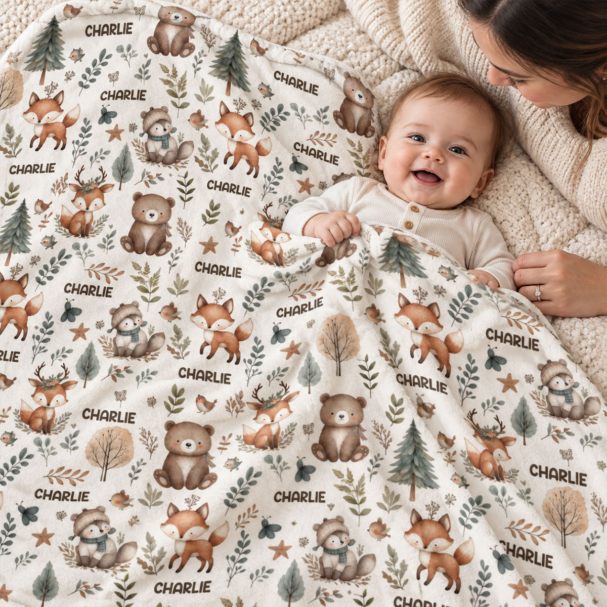 Woodland Animal Print Custom Baby Name - Personalized Fleece Blanket - Nursery Woodland Animal Theme For Baby