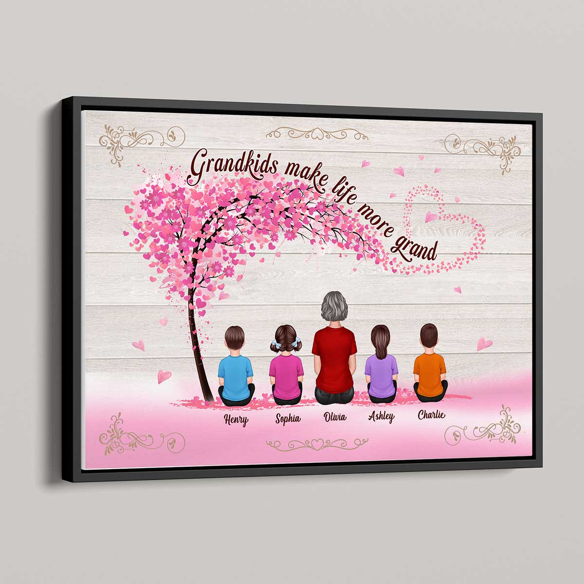 Grandma Grandkids Sitting Under Pink Tree Mother‘s Day Gift For Grandma Personalized Horizontal Poster
