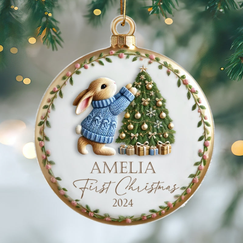 Baby's First Christmas Cute Pink Blue Bunny Rabbit For Baby Boy Girl Personalized Acrylic Ornament, New Parents Keepsake, Gift For Newborn