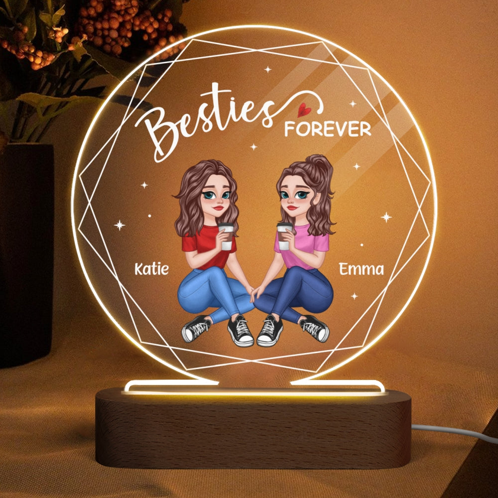 Hexagon Frame Pretty Cartoon Besties Sitting Sisters Forever Personalized Circle Acrylic Plaque With LED Night Light