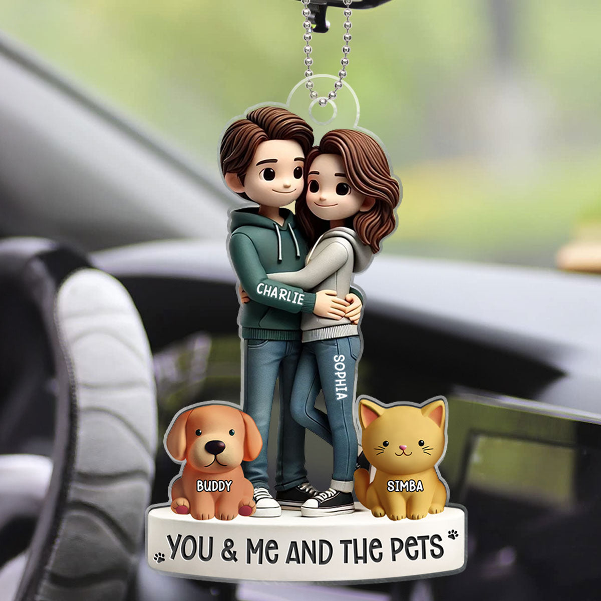 Couple Hugging You Me And The Dog Cats Personalized Acrylic Car Hanger Ornament, Heartfelt Gift For Couple, For Dog Lovers, Cat Lovers, Pet Lovers