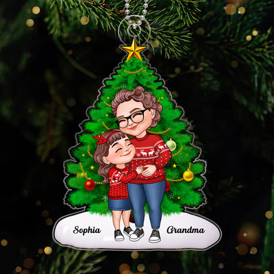 Cartoon Grandma & Grandkid Hugging By Christmas Tree Personalized Acrylic Ornament