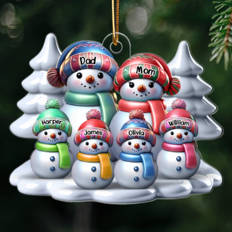 3D Effect Winter Snowmen Happy Family Dad Mom Grandpa Grandma With Kids Personalized Acrylic Ornament