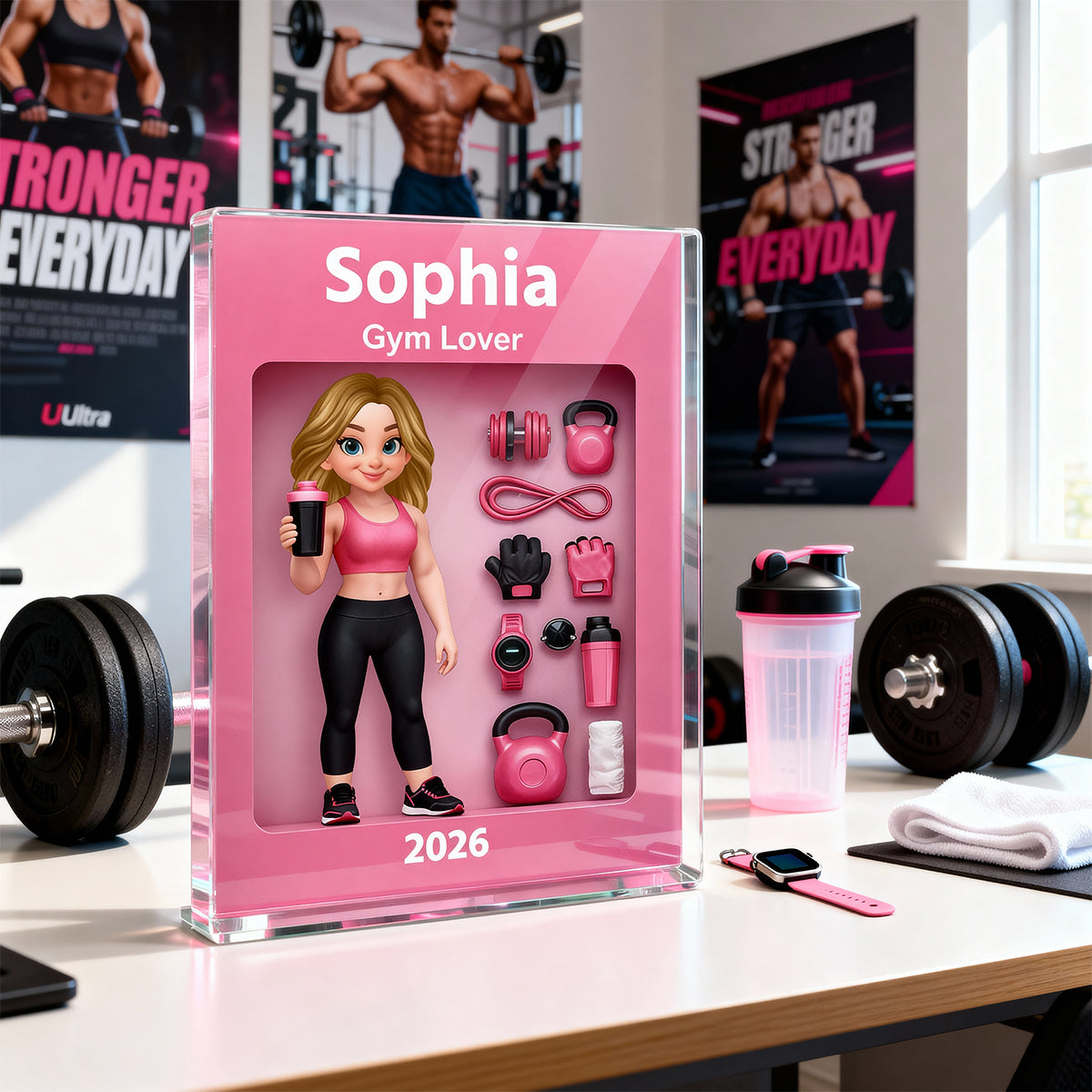 Gym Lover Stronger Everyday 3D Action Figure - Personalized Acrylic Block Plaque - Gift for Gym Lover