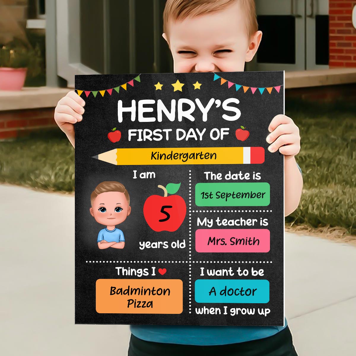 Doll Kid First Day Of School Personalized Board Sign, Editable, Reusable Back To School Sign