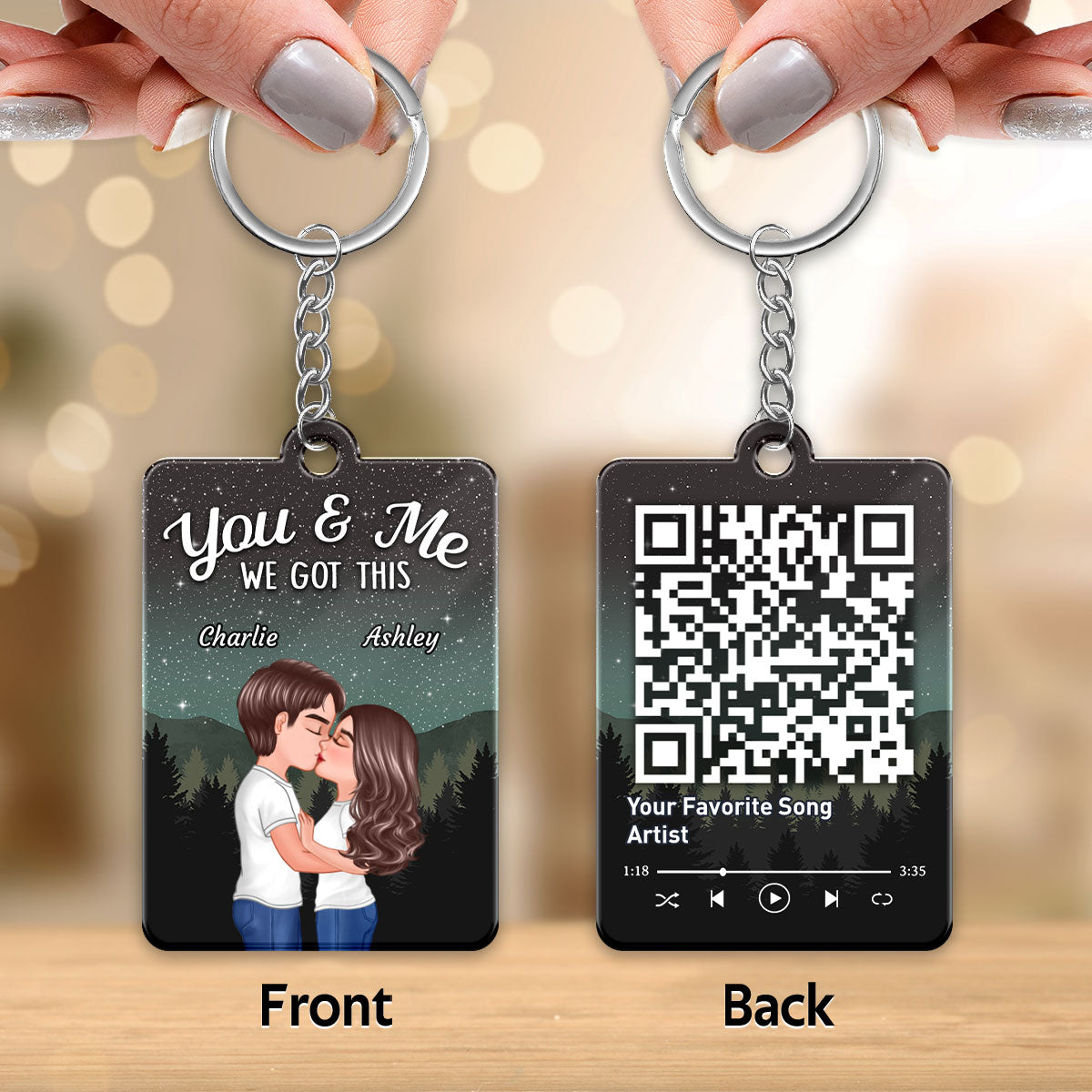 Couple Kissing Under Stars Sky Forest Favorite Song QR Code - Personalized Acrylic Keychain - Anniversary Gift For Him, Gift For Her