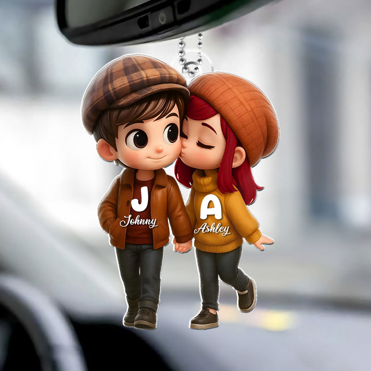 Fall Season 3D Effect Cute Cartoon Couple Walking Personalized Car Ornament, Perfect Gift for him, Gift for her