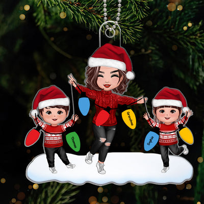 Christmas Lights Happy Doll Grandma Grandkids Personalized Acrylic Ornament