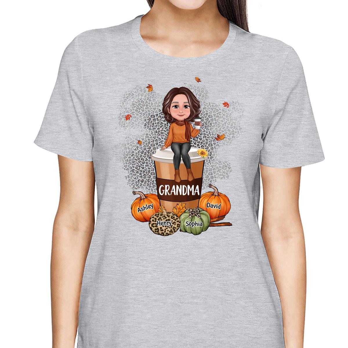 Grandma Mom Sitting On Pumpkin Spice Latte Personalized Shirt