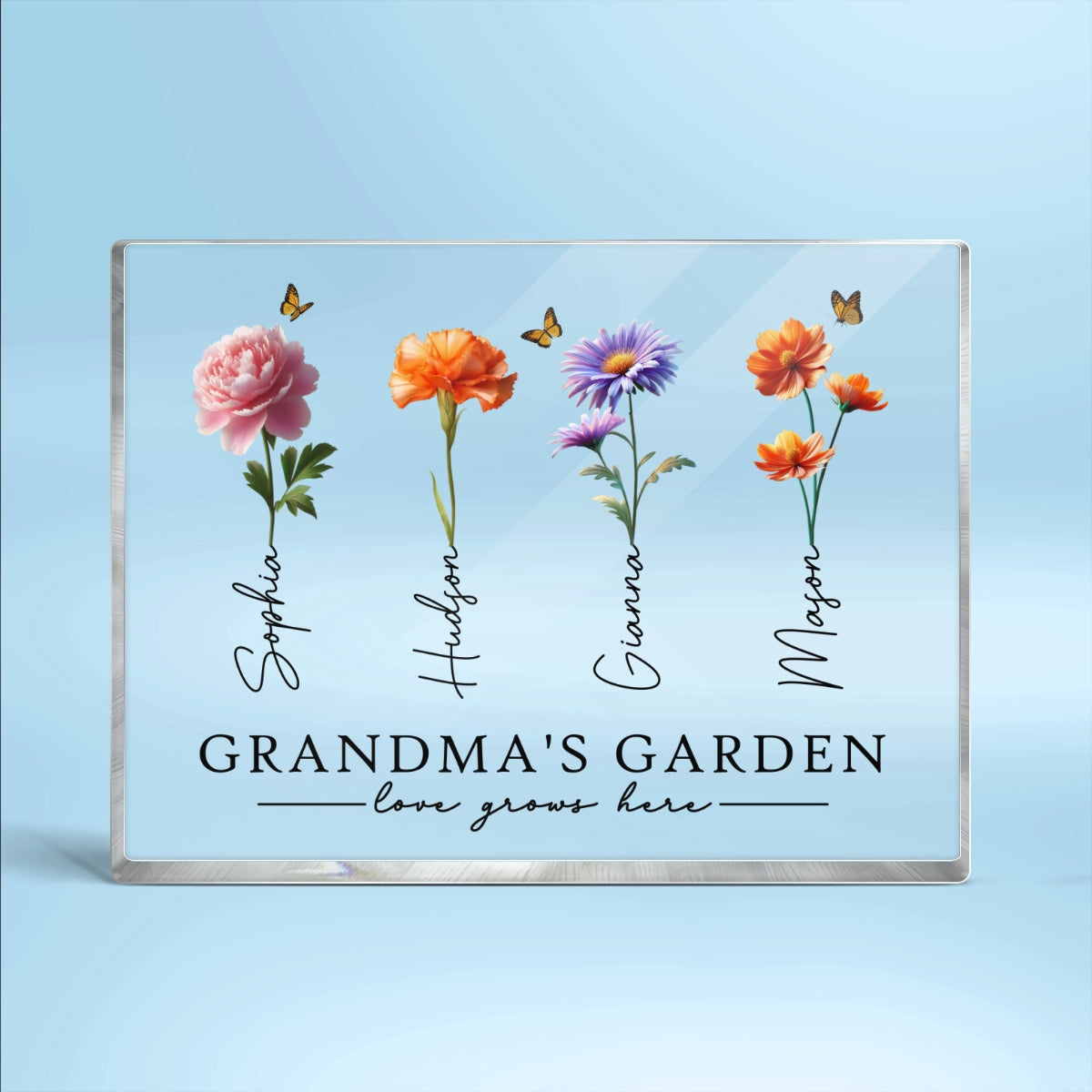 Grandma's Garden 3D Effect Birth Month Flowers Personalized Rectangle Acrylic Block Plaque