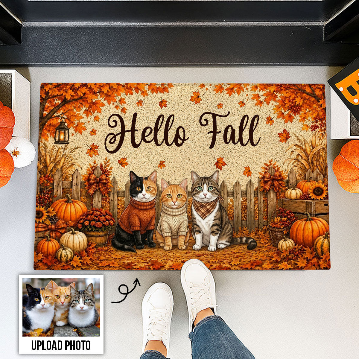 Vintage Dog Cat Fall Season Photo Upload - Personalized Doormat - Gift For Dog Mom, Cat Mom