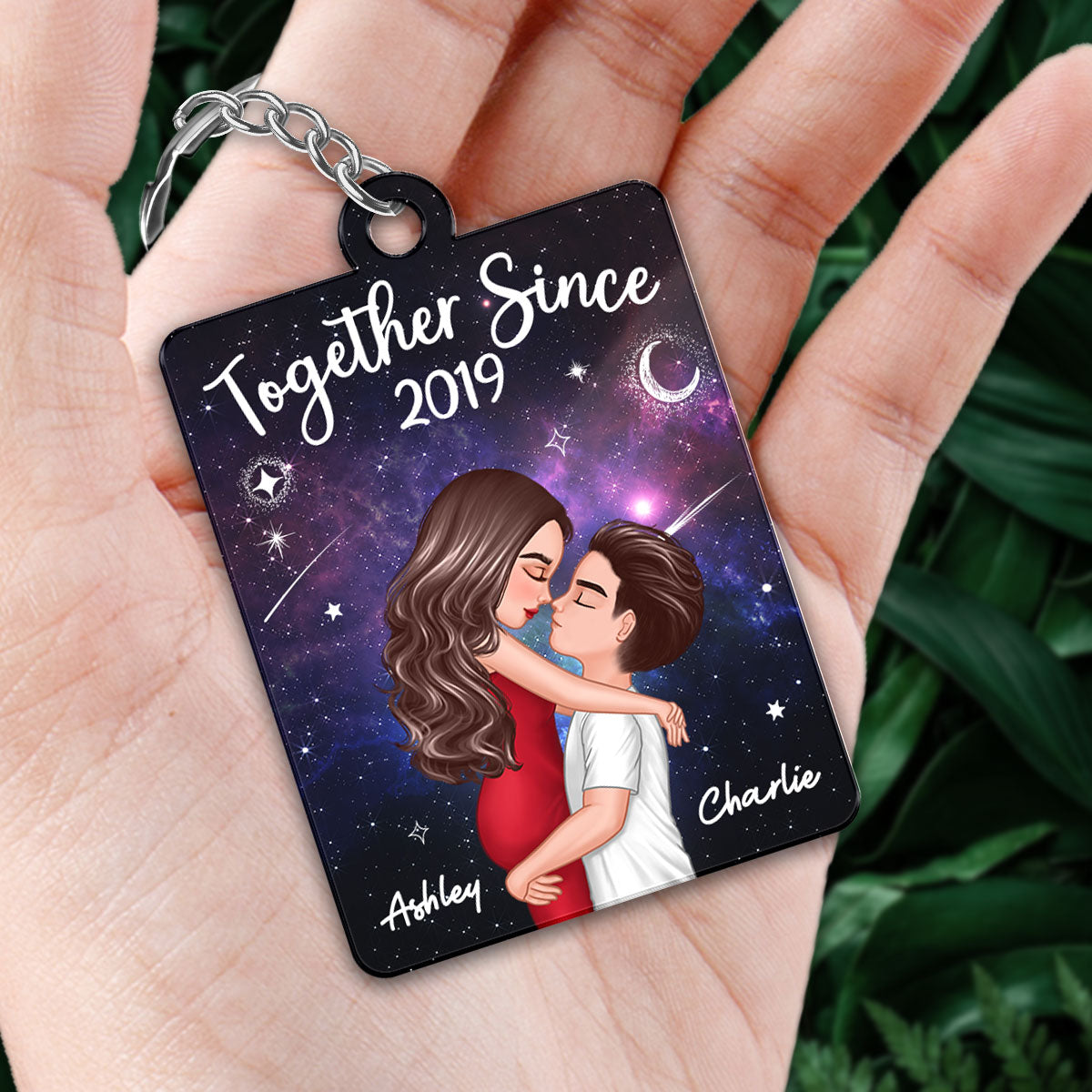 Doll Couple Hugging Kissing In Galaxy Night Favorite Song Scannable QR Code Personalized Acrylic Keychain