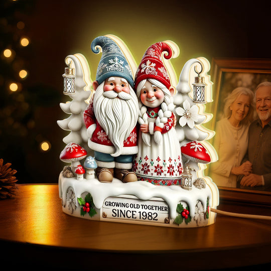 3D Effect Christmas Gnome Couple Growing Old Together - Personalized Light Box - Heartwarming Gift For Couple