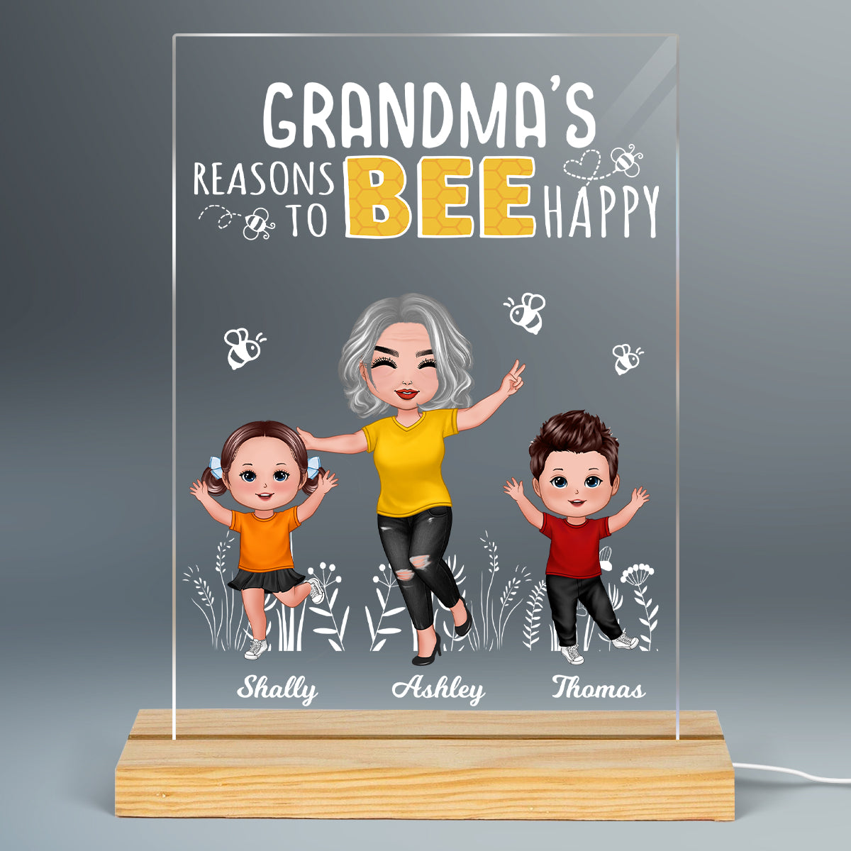 Reasons Bee Happy Doll Grandma & Grandkids Personalized Rectangle Acrylic Plaque With LED Night Light - Gift For Grandma, Mom