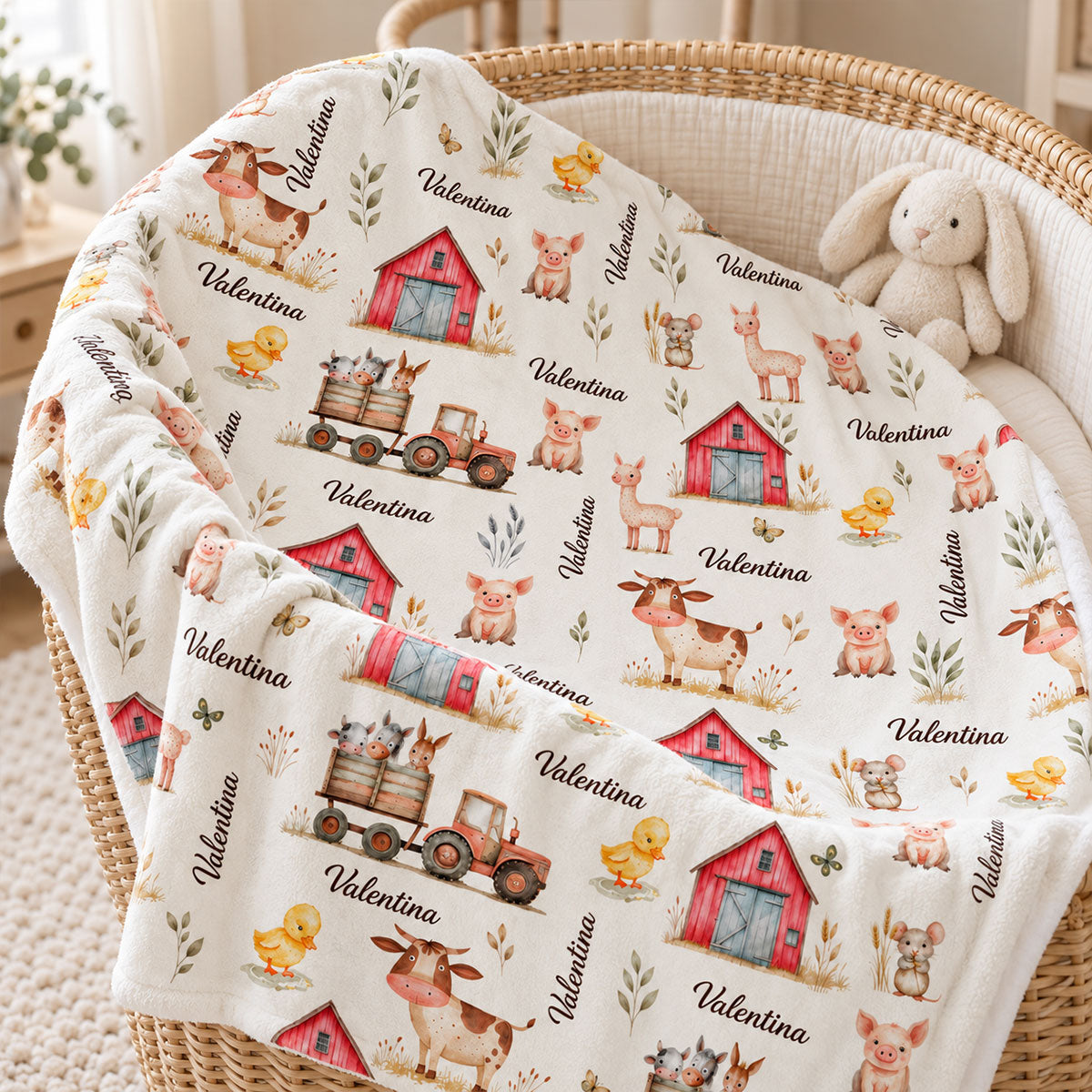 Farm Animal Print Custom Baby Name - Personalized Fleece Blanket - Nursery Farm Animal Theme For Baby Boy