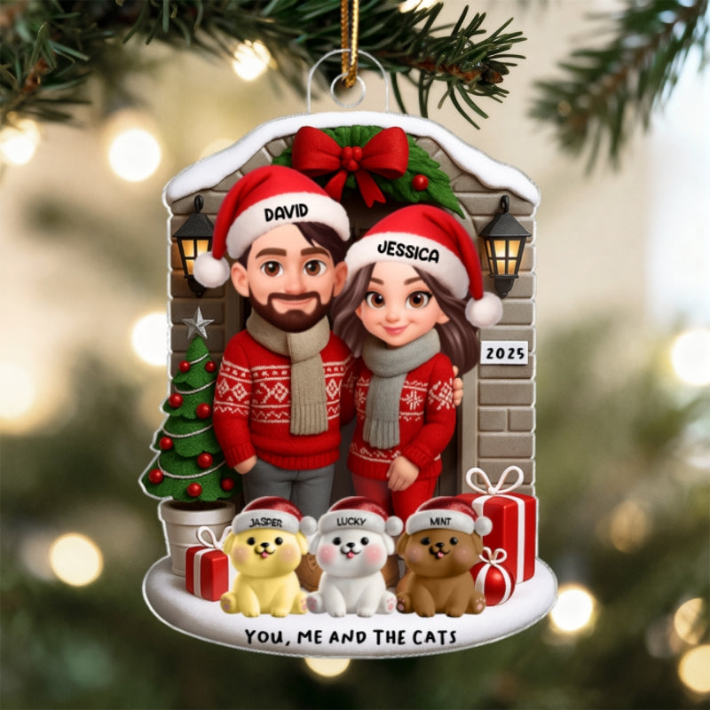 Joyful Couple And Dogs Cats Christmas - Personalized Acrylic Ornament