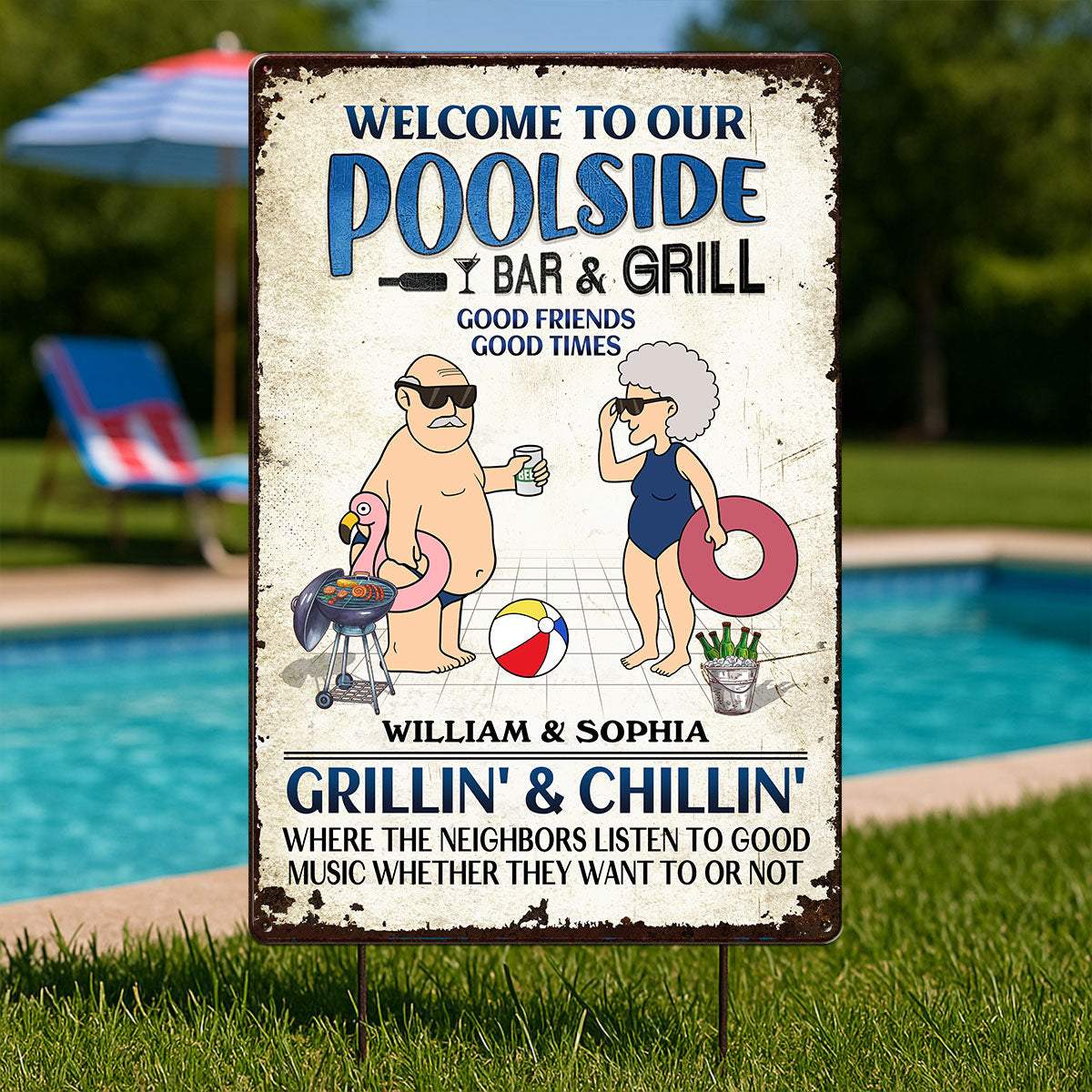 Welcome To Our Poolside Funny Old Couple Personalized Metal Sign