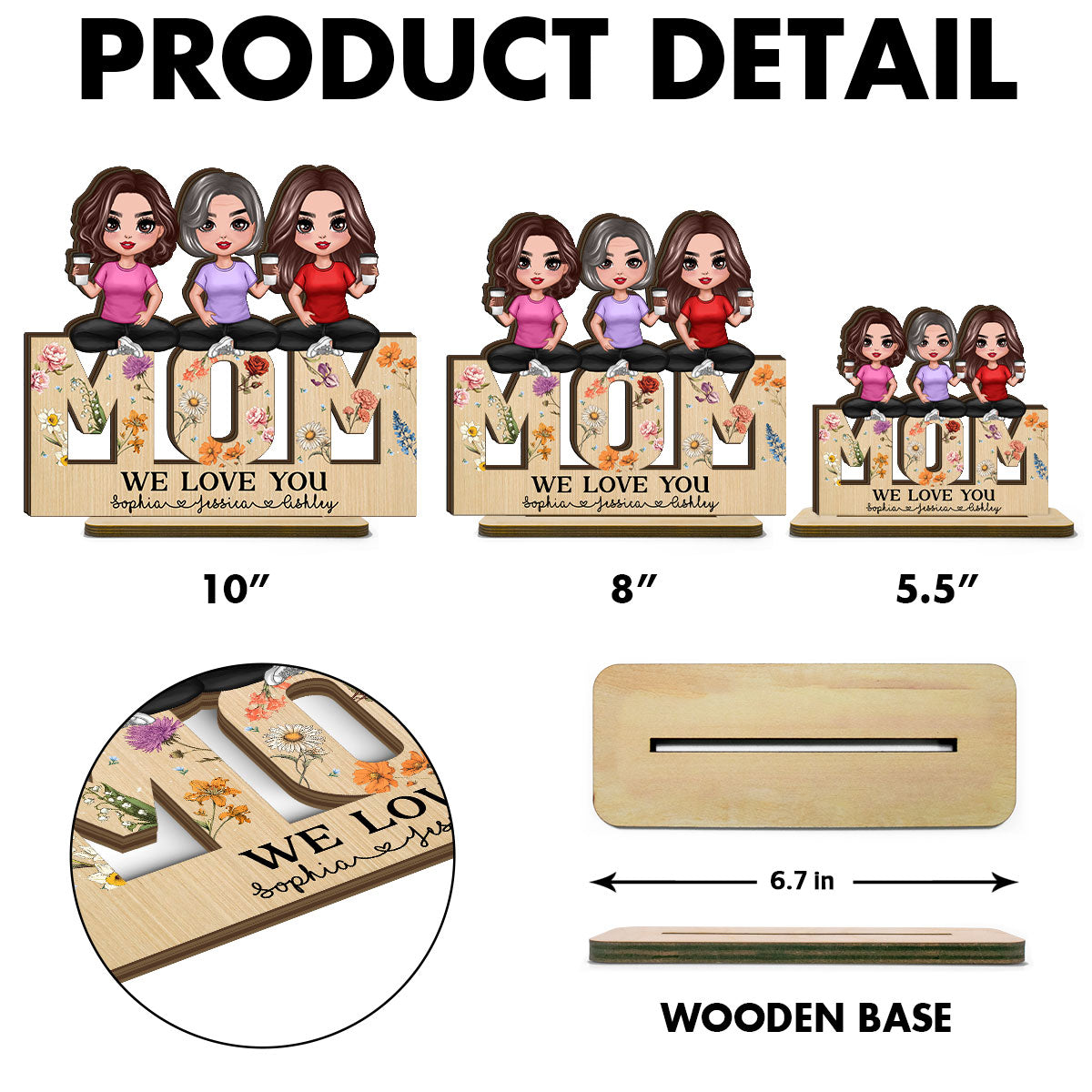 Mom And Daughters Sitting On Word Vintage Flowers Personalized Standing Wooden Plaque
