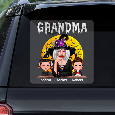 Halloween Moon Grandma Mom Witch With GrandKids Personalized Decal, Halloween Decoration