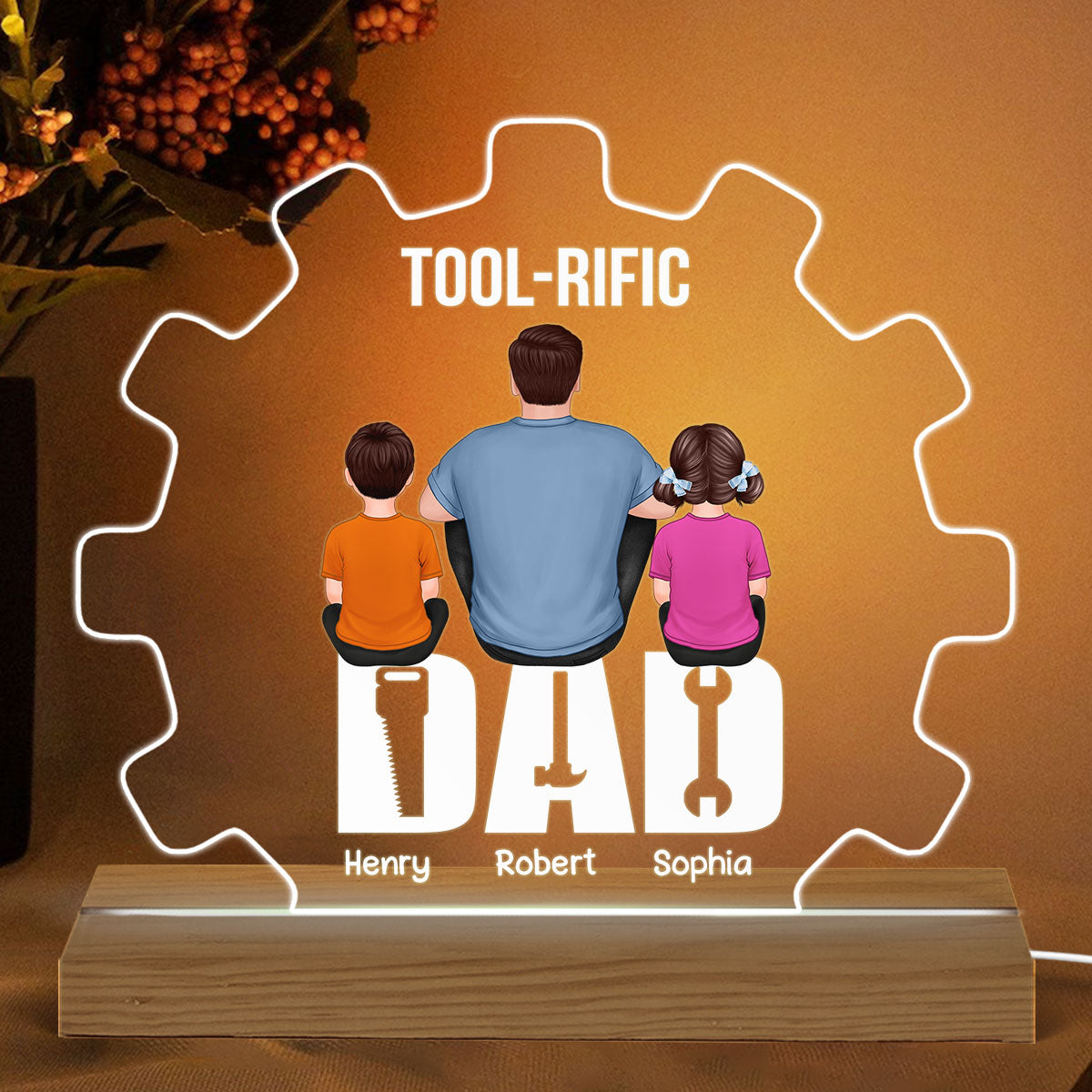 Tool-rific Dad Back View Man Kids Dog Cat Father‘s Day Gift Personalized Custom Shape Acrylic Plaque Warm LED Night Light