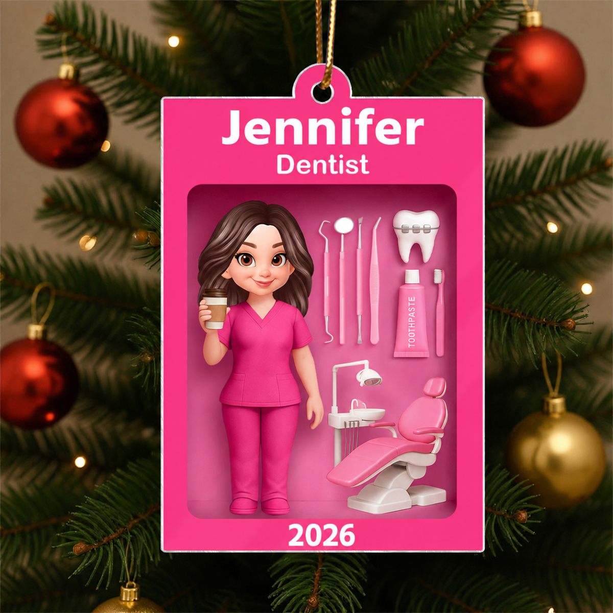 Pink Dentist Action Figure - Personalized Acrylic Ornament - Unique Christmas Gift For Dentist