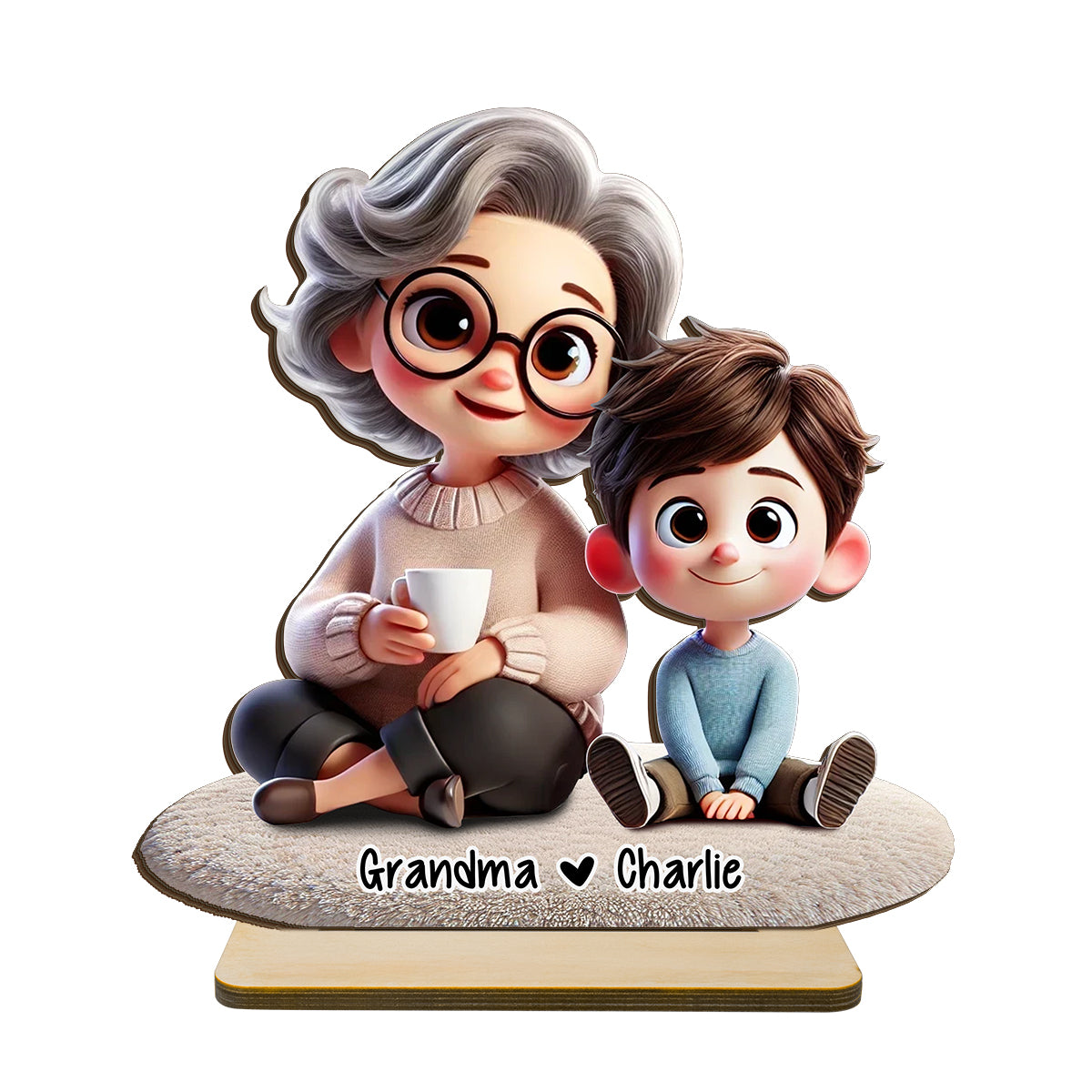 Happy Grandma & Grandkid 3D Personalized Standing Wooden Plaque, Perfect 2025 Gift For Mom, For Grandma