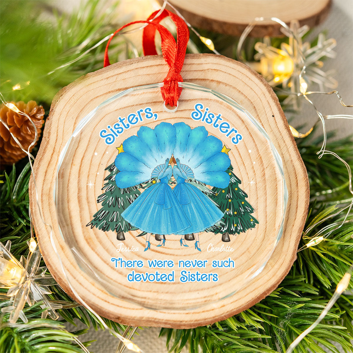 Sisters Sisters Besties in Blue Dresses Personalized Glass Ornament