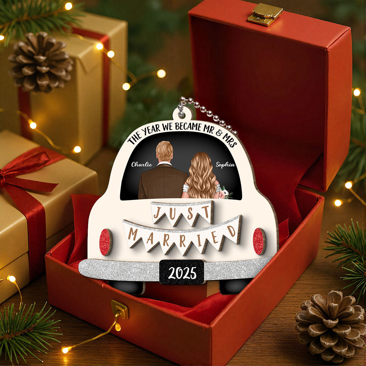 Groom & Bride In Car Personalized 2-Layer Wooden Ornament | Just Married Newlyweds Marriage Keepsake