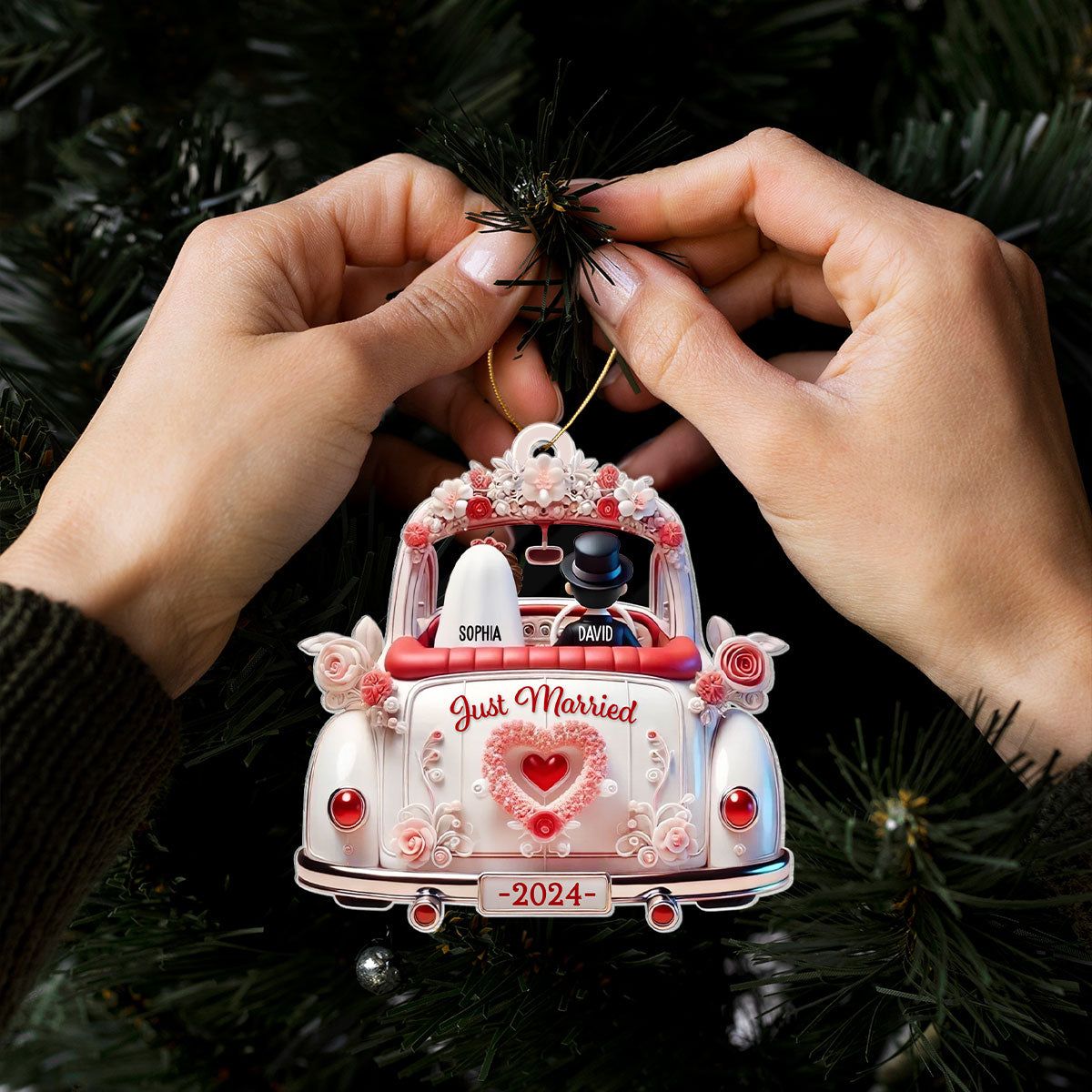 First Christmas Married Couple In Wedding Car Personalized Acrylic Ornament, Unique Christmas Gift For Newlyweds