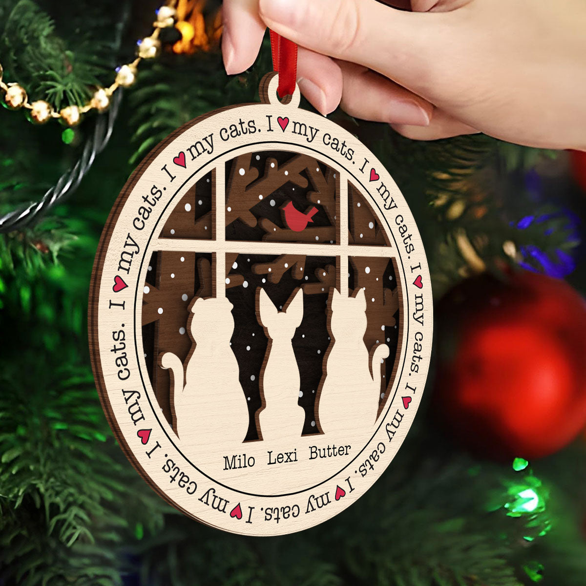 I Love My Cats Winter Windows Personalized 3-Layer Wooden Ornament, Christmas Gift for Cat Lovers