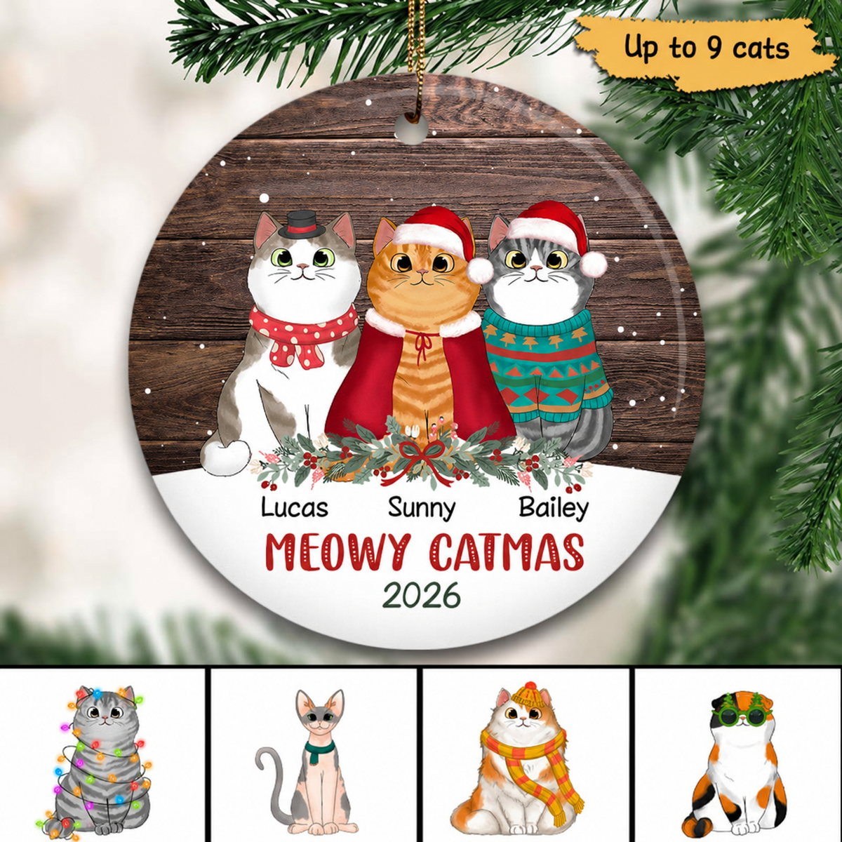 Snow Wood Fluffy Cat Christmas Personalized Circle Ornament
