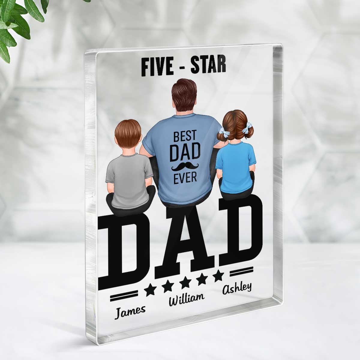 Five - Star Dad Back View Dad And Kids Personalized Rectangle Acrylic Block Plaque