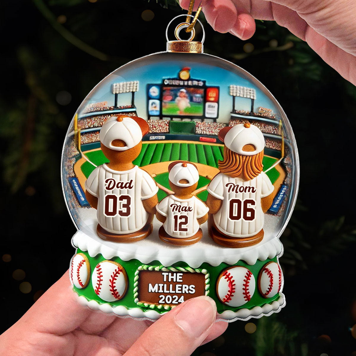 Gingerbread Baseball Family Watching Game Sport Lover 3D Effect Personalized Acrylic Ornament