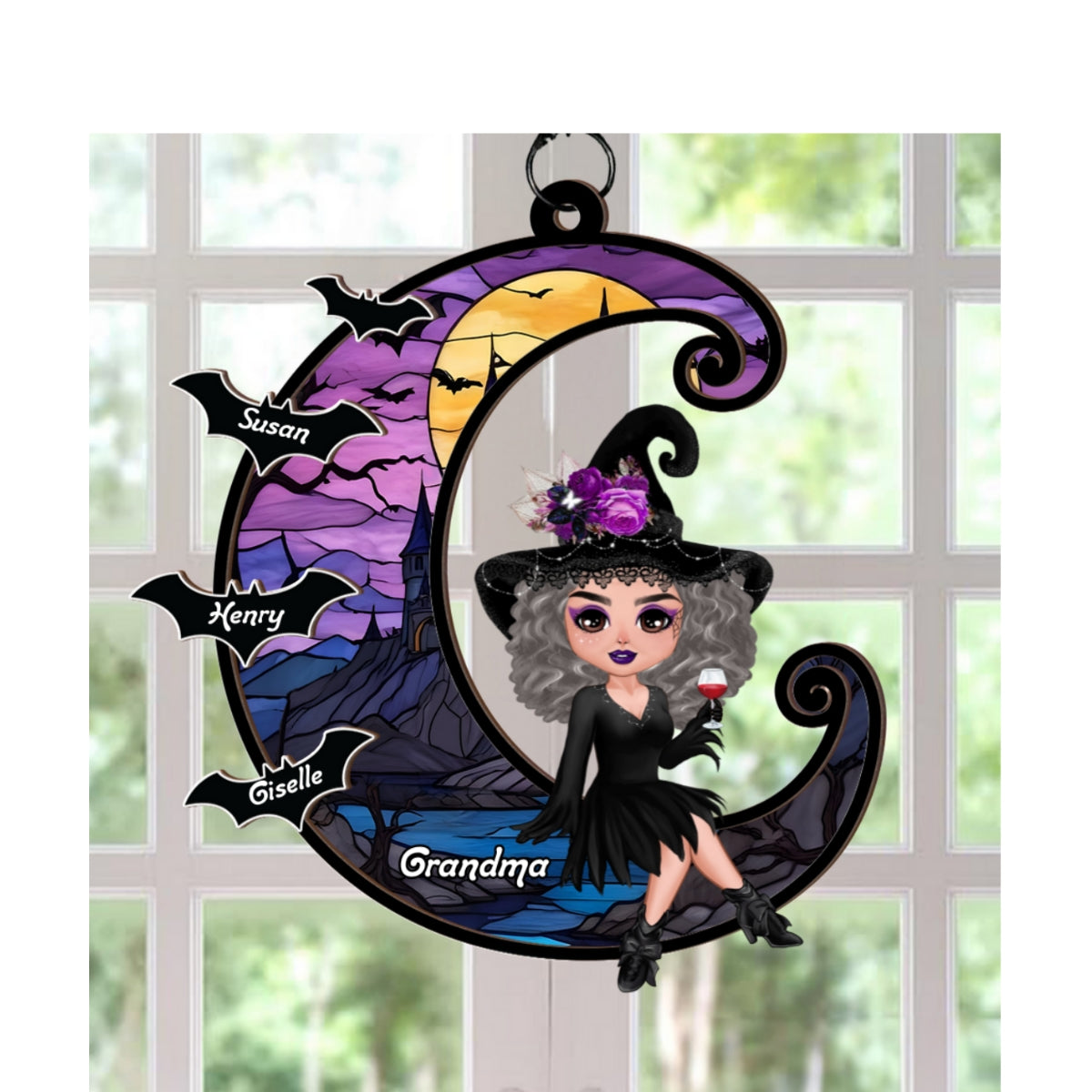 Grandma Mom Witch On Moon Personalized Suncatcher, Halloween Decor