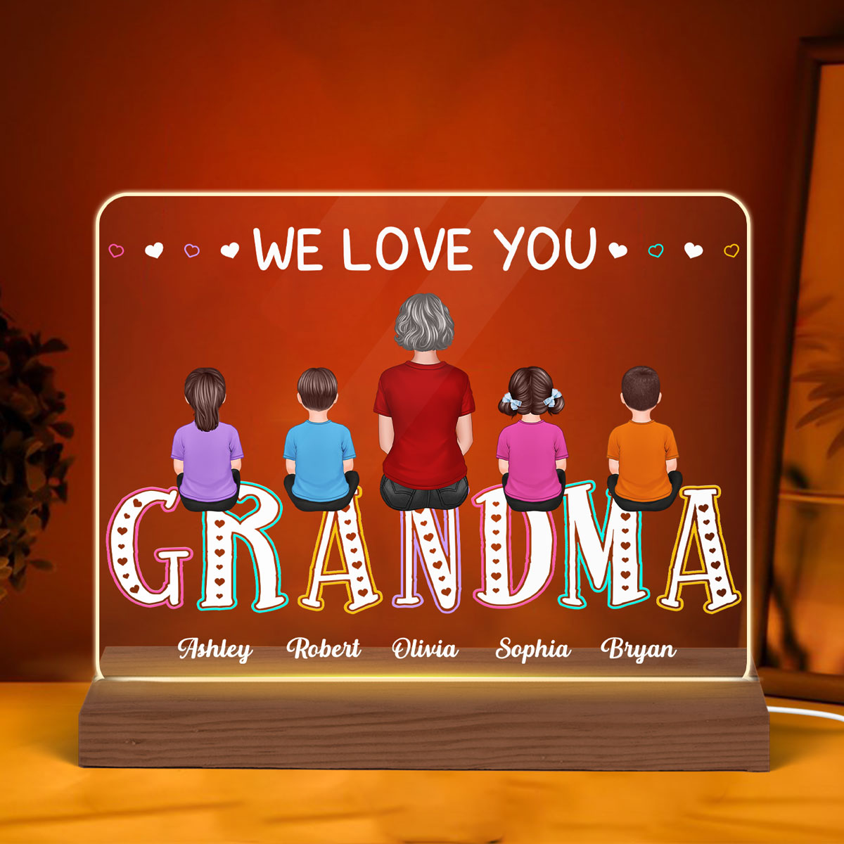 Grandma We Love You Colorful Back View Woman Sitting With Kids Personalized Horizontal Rectangle Custom Shaped Acrylic Plaque With Warm LED Night Light