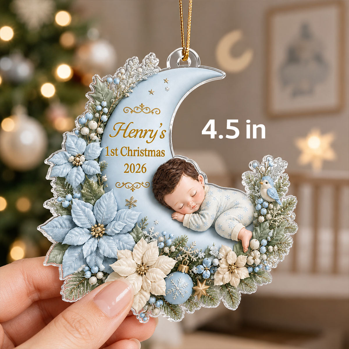 First Christmas Baby Boy Girl on Floral Moon - Personalized Acrylic Ornament - Christmas Gift for New Mom, Dad