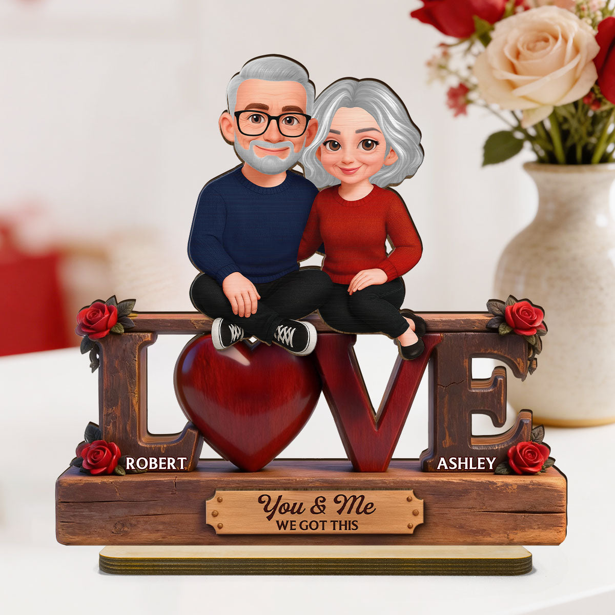 Roses LOVE Couple Sitting Embracing - Personalized 2-Layered Wooden Plaque - Valentine's Day Gift For Couple, For Him, For Her