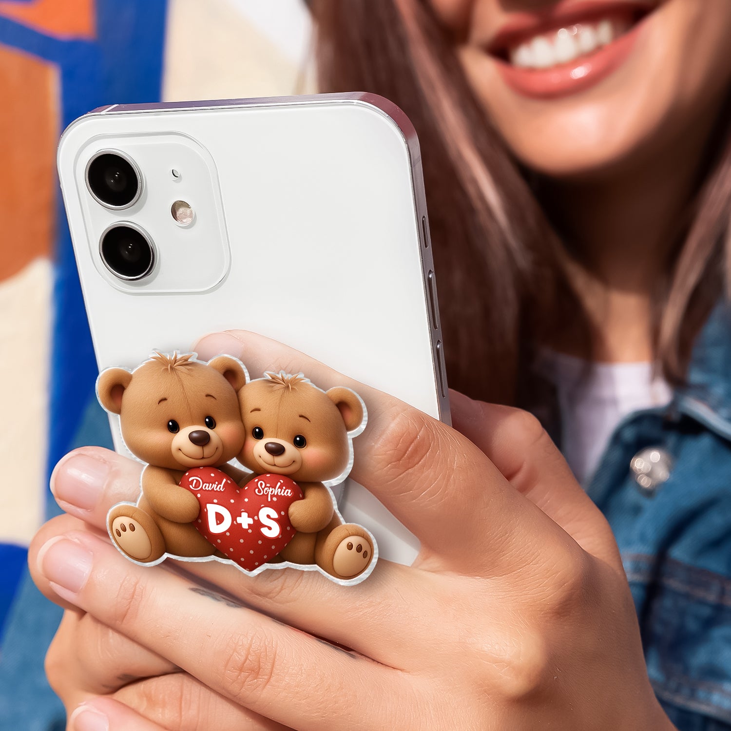 Bear Couple Holding Heart - Personalized Acrylic Magnetic Phone Grip - Gift for him, for her, Matching Phone Grips for Couple