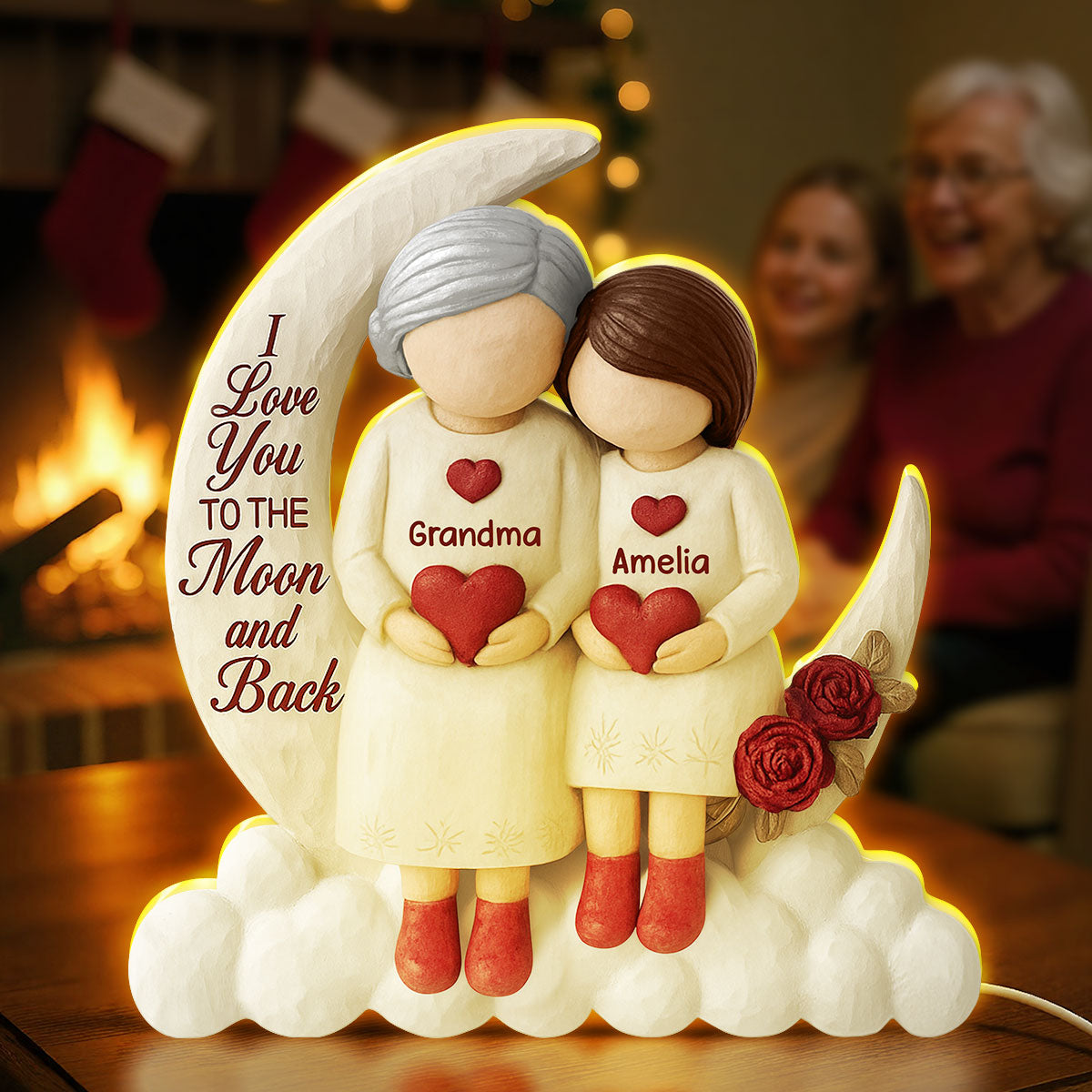 Grandma Granddaughter Grandson On Moon 3D Effect - Personalized Light Box
