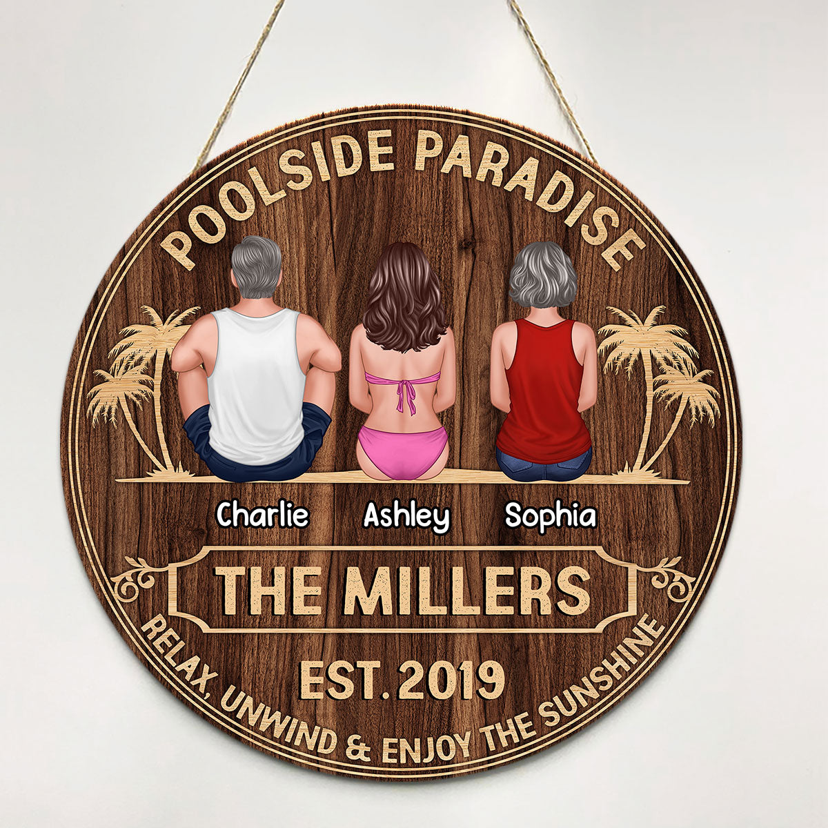 Poolside Paradise Back View Summer Sitting Family Couple Personalized Round Pool Sign