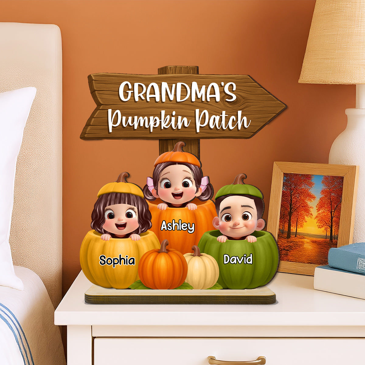 Grandma Pumpkin Patch Cute Grandkids Direction Sign 3D Effect Personalized Standing Wooden Plaque