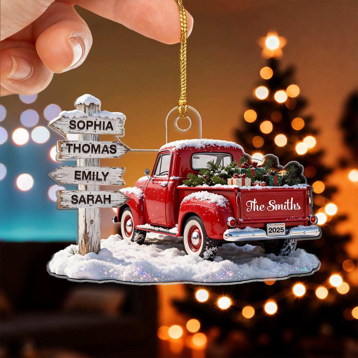 3D Effect Nostalgia Christmas Truck Family Sign Posts Custom Names - Personalized Acrylic Ornament - Gift For Family, Farmhouse Decor